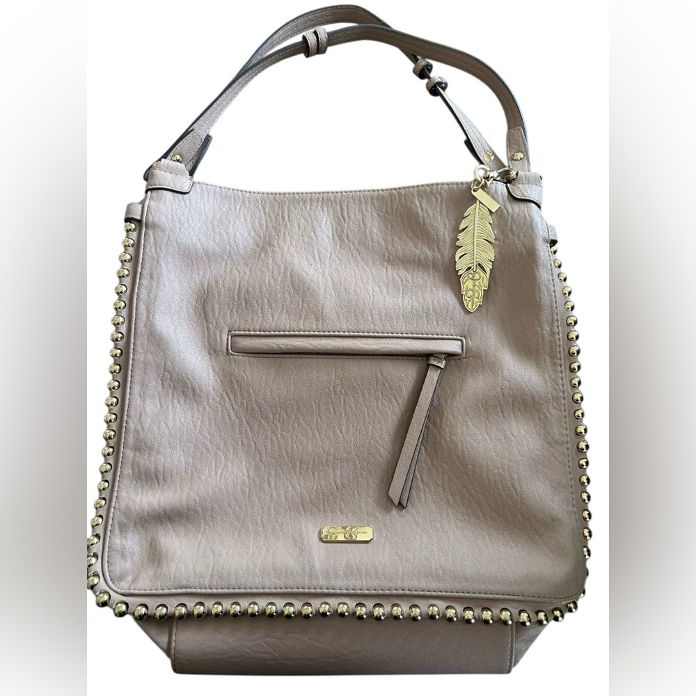 Jessica Simpson Camille Studded Hobo Bag - Taupe/Gray Faux Leather Gold Feather